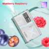 A futuristic vaping device with a digital display, labeled "MOTI PLAY BAR 7500," surrounded by blueberries and raspberries, on a light teal background.