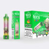 Bang disposable vape packaging featuring a green theme, "Mango Peach Watermelon" flavor, and a warning label stating nicotine is addictive.