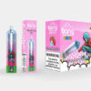 Packaging of a disposable vape device branded "Bang," featuring "Strawberry Ice" flavour with vibrant pink design, a warning label about nicotine addiction, and illustrations of a skater character.