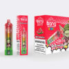 Disposable vape packaging featuring a red and green theme, a watermelon flavour label, a cartoon character, and a nicotine warning.