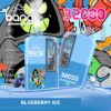Blue disposable vape device labeled "Bang" with "32000 puffs" and "Blueberry Ice" flavour, featuring 32ml capacity, 650mAh battery, Type-C charging, and an adjust power option, against a colourful comic-style background with blueberries and ice cubes.
