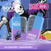 A disposable vape device with "3200 puffs" branding, blueberry raspberry flavour, featuring 32ml liquid capacity, 650mAh battery, adjustable power, and Type-C charging. Blue and purple design with a cartoon grim reaper graphic.