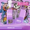 A purple disposable vape device with "Grape Ice" flavor, featuring 32,000 puffs, 32ml liquid capacity, 650mAh battery, and Type-C charging, set against a cartoon skull-themed background with grapes and ice cubes.