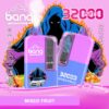 A disposable vape with "Bang" branding, featuring a "Mixed Fruit" flavor, 32000 puffs capacity, 32ml liquid, 650mAh battery, Type-C charging, adjustable power, and a vibrant design with a hooded figure and car illustration.