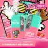 A colourful disposable vape device labeled "Bang" with strawberry watermelon flavour, featuring 32,000 puffs, adjustable power, 650mAh battery capacity, and Type-C charging, displayed alongside watermelon and strawberry graphics.
