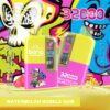 A vibrant and colorful advertisement for a disposable vape device featuring a bright yellow and pink design. The product is labelled "Watermelon Bubble Gum" and showcases features such as 32000 puffs, 32ml liquid capacity, 650mAh battery, and USB Type-C charging. The background includes playful graphics and patterns, enhancing the overall energetic theme.