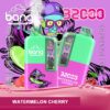 Brightly coloured vape device packaging for "Bang Disposable" featuring a watermelon cherry flavour, 32000 puffs capacity, 32ml e-liquid, 650mAh battery, adjustable power, and Type-C charging, with vibrant graphics of a character and fruit.