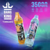 Two Bang King Tornado disposable vape devices, featuring Peach Ice and Blue Razz Ice flavours, with 35,000 puffs and highlighted features like e-liquid display, power display, and mesh coil.