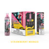 Strawberry Mango vape product packaging with pink and black design, "35,000 Puffs" text, and a nicotine warning label.