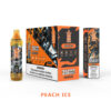 A bottle and box of "Bang King" vape juice with "Peach Ice" flavor, featuring a futuristic design, a puff count of 35,000, and a warning about nicotine addiction.