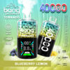 A vibrant advertisement for a disposable vape device named "Bang Tornado," featuring "Blueberry Lemon" flavour, showcasing its capacity of 40,000 puffs, adjustable power settings, and technical specifications like a 40ml volume and 850mAh battery.