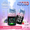 A colorful advertisement for a disposable vape device featuring "Bang Tornado" branding, showcasing key features like "40,000 puffs," "Blueberry Raspberry" flavour, adjustable power, and a digital display. The background includes a gradient of blue and pink, with images of blueberries and raspberries.