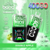 A promotional image featuring a disposable vape device labeled "Bang Tornado" with a "Double Apple" flavor. The device is displayed in green and black, showcasing details such as "40,000 puffs," "40 mL volume," and "850mAh battery," along with icons for adjustable power and charging type. There is also an illustration of a green apple in the foreground.