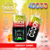 Colourful packaging of a disposable vape device labeled "Bang Tornado," showcasing features like 40,000 puffs, an adjustable power display, and a flavour called "Energy Drink."