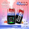 A vibrant advertisement for Bang Tornado disposable vape, featuring a dual-colored device with a digital display indicating 40,000 puffs. The background shows a gradient of pink and blue, with graphics highlighting features like adjustable power, three mesh design, and icons for volume and battery stats. Fruit illustrations, including grapefruit and passionfruit, are in the foreground.