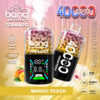 Design of a disposable vape device featuring the "bang" logo. It is labeled "Tornado" and displays flavours "Mango Peach," with prominent graphics indicating it provides 40,000 puffs. Additional details include a digital display for adjustable power settings, and icons for its features: three mesh coils, a 40 ml volume, 850mAh battery, and Type-C charging. Background includes a gradient of soft colours with fruit illustrations.