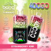 A colorful graphic featuring a disposable vape device labelled "Bang Tornado" with a flavour of "Strawberry Kiwi." The device shows features like "40000 puffs," a digital display for wattage and battery, and graphics indicating adjustable power and three mesh technology. Background includes strawberries and kiwis with gradient colors.