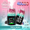 A vibrant product image of a disposable vape device called "Bang Tornado," featuring a dual-colour design of pink and turquoise, with a prominent indicator of "4000 PUFFS" and "TRIPLE BERRY" flavour. The device showcases adjustable power settings and includes icons for three mesh technology, volume capacity (40 ML), battery life (850mAh), and Type-C charging.