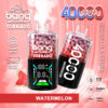 A promotional graphic for a "Bang Tornado" disposable vape device, featuring a design with pink and black colors. The image includes text highlighting "40,000 puffs," "Watermelon" flavor, and specifications such as "40 ML volume," "850 mAh battery," "Type-C charging," along with icons for adjustable power and three mesh coils. Watermelon pieces are depicted at the bottom.