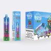 A disposable vape package featuring a bright blue and green design with the flavor "Blueberry Raspberry." The package includes an illustration of a character in a green hoodie and a warning label about nicotine.