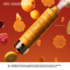 MOTI ELEGANCE 20000 Puffs A stylized vape device with an orange and yellow design, surrounded by floating fruit like oranges, raspberries, and peaches, on a red background. The device displays a digital readout of "100%."