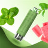 Vape device in green packaging labelled "GUM MINT," surrounded by fresh mint leaves and pink gum-like candies on a light green background.