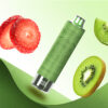 A green vape device with an embossed design, surrounded by sliced strawberries and kiwifruit, on a light green background.