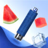 A blue vape device surrounded by watermelon slices and ice cubes against a light blue background.