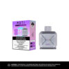 A product image featuring a box of MOTI dual mesh pod with the flavor "Black Pearl Icy." The box displays details about the product, including nicotine concentration of 20mg/mL and puff capacities of 6000 in boost mode and 12000 in normal mode.