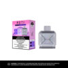 A box of MOTI dual mesh vape pods titled "Purple Haze," featuring a clear pod with a purple graphic. The packaging indicates it contains 16 mL of liquid with 20 mg/mL nicotine and details puff counts (6000 in boost mode, 12000 in normal mode), along with health warnings.