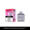 Pod packaging for a Moti dual mesh device, featuring a translucent pod filled with a watermelon-flavored e-liquid and listing nicotine content. The background includes pink and purple gradient colors and warnings regarding nicotine addiction.