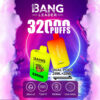 The Bang Kingdoms Rex 32000, in vibrant colors, includes a yellow and orange device labeled “BANG LEADER” and “32,000 PUFFS”. The design includes text highlighting “DUAL PODS 28ML+28ML” and icons denoting features such as Type-C charging, a 650mAh battery, and dual-mesh technology against a vibrant abstract background.