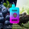 A colorful vape cartridge with a gradient design, featuring a cartoon gorilla logo and text that reads "BANG LEADER" and "32000 PUFFS." The flavor is labeled as "Blueberry Ice & Black Dragon Ice," surrounded by blueberries and blackberries on a dark background.