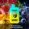 A colorful vape bottle labeled "Bang Leader" in blue and green, featuring a design of a gorilla wearing sunglasses, surrounded by images of strawberries, bananas, and blueberries, with text stating "Blueberry Ice - Strawberry Banana" and "32,000 Puffs."