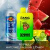 A can of Red Bull energy drink next to a bright green vape product labeled "BANG LEADER," featuring a cartoon monkey, with text indicating "RED BULL WATERMELON BUBBLE CANDY" and "32000 PUFFS," alongside images of watermelon slices and colorful candy.