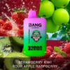 A colorful vape packaging showcasing "Bang Leader" branding with a gorilla graphic, featuring flavors of "Strawberry Kiwi" and "Sour Apple Raspberry," surrounded by images of strawberries, kiwis, green apples, and raspberries with splashes of water.