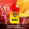 A vibrant promotional image featuring a vape device with a design of a gorilla wearing a hat, labeled "BANG LEADER" and "32000 PUFFS." The background includes splashes of watermelon and images of strawberries and mangoes, highlighting the flavors "Watermelon Ice" and "Strawberry Mango."