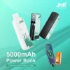 Promotional image of the JNR 5000mAh power bank showcasing its variety of colors, compact design, concealed dual-charging cables, and compatibility with smartphones.