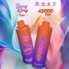 Promotional image for Bang King Triple electronic devices, featuring two orange and purple cylindrical units, highlighting specifications such as 45000 puffs, 650mAh battery capacity, and a Type-C connection with a colourful gradient background.