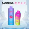 Two brightly coloured Bang King Triple vape devices on a futuristic background, with specifications such as Type-C charging, 650mAh battery, and 15ml capacity displayed.