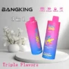 Promotional image for BangKing 3-in-1 vape featuring two colourful vape devices on a white stand with a floral background, highlighting 4500 puffs, triple flavours, and specifications.