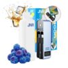 A product display featuring a white vaping device labeled 'JNR,' a pack of e-liquid with branding, blueberries representing flavour, and a compact charging accessory with two USB connectors highlighted in a circular overlay.