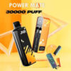 Promotional image for the JNR Power Mate vaping device, highlighting its 30,000 puff capacity and sleek, modern design in a yellow and black colour scheme.