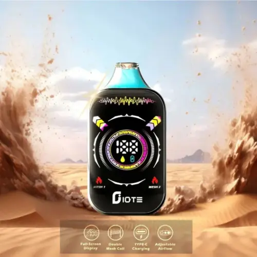 Electronic Device With A Full-Screen Display And Colourful Digital Interface Set Against A Desert Backdrop, Featuring Icons Indicating Double Mesh Coil, Type-C Charging, And Adjustable Airflow Capabilities.