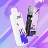 A promotional image for the JNR disposable vaping device, featuring a sleek purple and white design with a puff count indicator and vibrant background accents.