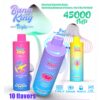 Promotional image for Bang King Triple vape, highlighting features including 45,000 puffs, 3 flavors with a rotating switch, 650mAh battery, and Type-C charging; displayed with illustrations of colourful vape designs.