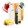 A vaping device with a white and gold design, shown alongside strawberries, sliced bananas, and charging accessories, with packaging in the background.