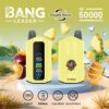 A promotional image for the BANG LEADER vaping device, highlighting features like dual flavour capabilities, 50,000 puffs, USB Type-C charging, a 650mAh battery, dual mesh technology, and adjustable settings, with visuals of tropical fruits and ice cubes emphasizing the product's flavoured experience.