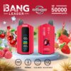 Promotional image for BANG Leader vape devices showcasing two red vapes with screen displays, surrounded by fruit illustrations and branding highlights, including 'double flavor' and 'up to 50,000 puffs.'