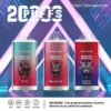 Advertising image showcasing three disposable vaporizers labeled Bangleader with 20,000 puffs capacity, displayed in a futuristic purple and blue setting; flavors include Mix Fruit, Watermelon Ice, and Blueberry Raspberry, with a nicotine warning at the bottom.
